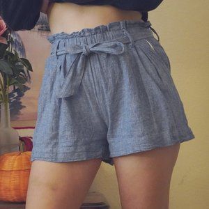 Blue Heather High Rise Linen Paperbag Shorts with Tie Belt and Lined Pockets